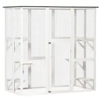 PawHut Outdoor Cat House Big Catio Wooden Feral Cat Shelter Enclosure with Large Spacious Interior, 6 High Ledges, Weather Protection Asphalt Roof, 71" L, White(m-1)