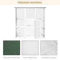 PawHut Outdoor Cat House Big Catio Wooden Feral Cat Shelter Enclosure with Large Spacious Interior, 6 High Ledges, Weather Protection Asphalt Roof, 71" L, White(m-5)