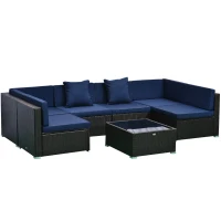 Outsunny 7 Piece Set Rattan Sofa Luxury Modular Conversation Outdoor Furniture - Deep Blue(m-1)