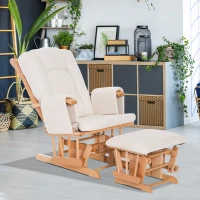 HomCom 2 Piece Ultra-Plush Reclining Rocking Chair with Gliding Ottoman Set - White / Natural Wood(m-1)