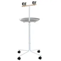 PawHut Rolling Parrot Stand with Lightweight Design, Metal Bird Stand with Wheels, Wooden Parrot Perch Stand, Stainless Steel Bird Food Bowls, Pure White(m-1)