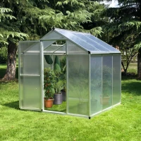 Outsunny Greenhouse Portable Outdoor Walk-In Greenhouse with Roof Vent and Rain Gutter for Plants, Herbs and Vegetables - 6' L x 6' W x 6.4' H(m-7)