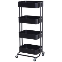 HOMCOM 4-Tier Rolling Metal Kitchen Utility Cart Trolley with Storage - Black(m-1)