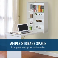 HomCom Wall Mounted Folding Table Computer Desk with Bookshelf Home Office Convertible Folding Storage Writing Table - White(m-10)