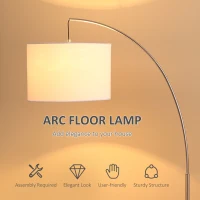 HOMCOM Arc Floor Reading Lamp, Tall Pole Standing Lamp with Hanging Fabric Lampshade for Living Room or Bedroom, Silver/White(m-4)