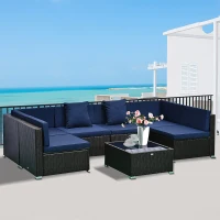 Outsunny 7 Piece Set Rattan Sofa Luxury Modular Conversation Outdoor Furniture - Deep Blue(m-9)