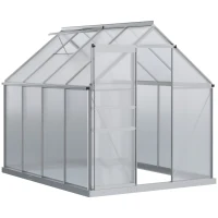 Outsunny 8' x 6' Aluminum Outdoor Greenhouse, Polycarbonate Walk-in Garden Greenhouse Kit with Adjustable Roof Vent, Rain Gutter and Sliding Door for Winter, Silver(m-1)