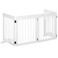 PawHut Freestanding Pet Gate 4 Panel Folding Wooden Dog Barrier w/ Support Feet, White(m-8)