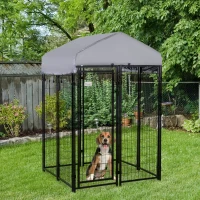 PawHut Outdoor Dog Kennel Run House Crate Cage Enclosure Anti-Sun Roof Patio Pet Shelter - Gray and Black(m-2)