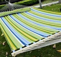 Outsunny 74" x 55" Outdoor Patio Cotton Double Hammock Bed w/ Pillow - Green / Blue(m-2)