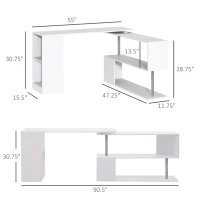 HOMCOM Rotating Corner Desk, L-Shaped to I-Shape, Home Office Table Shelf Combo, White(m-2)