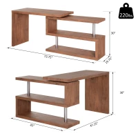 HOMCOM 75" 360 Degree Rotating Corner Computer Desk Modern L-Shaped Home Office Workstation with 2 Storage Shelves, Bookshelf, Walnut Brown(m-3)