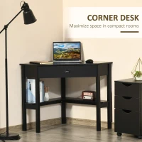 HOMCOM Corner Desk, Triangle Computer Desk with Drawer and Storage Shelves for Small Spaces, Home Office Workstation for Living Room, or Bedroom, Black(m-4)