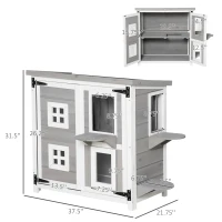 PawHut 2-Tier Cat House, Outdoor Feral Cat Shelter, with Weather Resistant Roof, Escape Door, PVC Curtain, Glass Window, Grey(m-3)