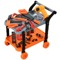 HOMCOM 32pc Kids Tool Set Pretend Play Construction with Rolling Cart Orange/Grey(m-1)