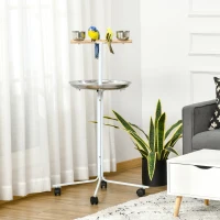 PawHut Rolling Parrot Stand with Lightweight Design, Metal Bird Stand with Wheels, Wooden Parrot Perch Stand, Stainless Steel Bird Food Bowls, Pure White(m-2)