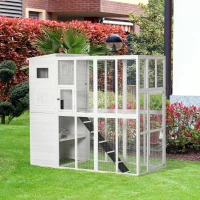 PawHut Wooden Cat Home Enclosure Pet House Shelter Cage Outdoor Play Area Run, White(m-2)