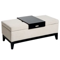 HOMCOM 42" Rectangular Storage Ottoman Bench, Linen Fabric Coffee Table Ottoman with Removable Tray for Living Room, Entryway, or Bedroom, Cream White(m-1)