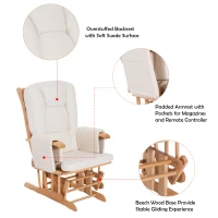 HomCom 2 Piece Ultra-Plush Reclining Rocking Chair with Gliding Ottoman Set - White / Natural Wood(m-9)