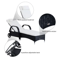 Outsunny 3PC Wheeled Patio Rattan Lounge Set Adjustable Reclining Chaise w/ Side Table - Black(m-4)