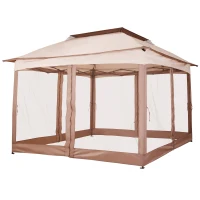 Outsunny 11'x11' Pop-Up Gazebo, Portable 2-Tier Party Tent with Carrying Bag, Weather-Resistant Canopy, Ideal for Outdoor Events, Khaki(m-1)