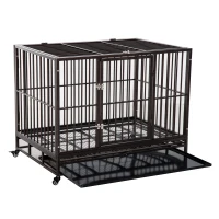 PawHut 42" Heavy Duty Dog Kennel Elevated Rolling Pet Crate Kennel Trays - Brown Vein(m-2)