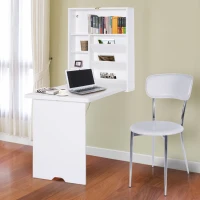 HomCom Wall Mounted Folding Table Computer Desk with Bookshelf Home Office Convertible Folding Storage Writing Table - White(m-5)
