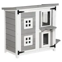 PawHut 2-Tier Cat House, Outdoor Feral Cat Shelter, with Weather Resistant Roof, Escape Door, PVC Curtain, Glass Window, Grey(m-1)