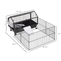 PawHut Rolling Metal Rabbit, Guinea Pig or Small Animal Hutch Cage with Main House and Run  35" L(m-3)