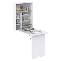 HomCom Wall Mounted Folding Table Computer Desk with Bookshelf Home Office Convertible Folding Storage Writing Table - White(m-2)
