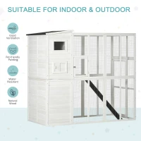 PawHut Wooden Cat Home Enclosure Pet House Shelter Cage Outdoor Play Area Run, White(m-4)