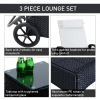 Outsunny 3PC Wheeled Patio Rattan Lounge Set Adjustable Reclining Chaise w/ Side Table - Black(m-5)