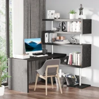 HomCom Rotating Home Office Corner Desk and Storage Shelf Combo - Black Wood Grain(m-2)