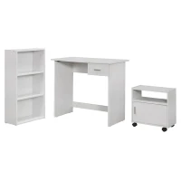 Monarch 3 Piece Computer Desk Set with Writing Desk, Bookcase and Multi-Purpose Storage Cart - White(m-1)