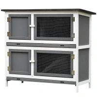 PawHut Solid Wood Double Rabbit Hutch with 2 Large Main Rooms and Firm Cage - Grey(m-1)