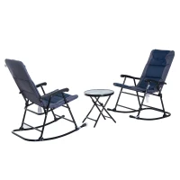 Outsunny 3 Piece Outdoor Patio Set with Glass Coffee Table & 2 Folding Padded Rocking Chairs, Navy Blue(m-7)