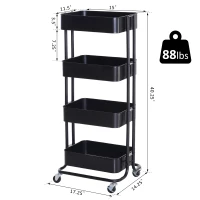 HOMCOM 4-Tier Rolling Metal Kitchen Utility Cart Trolley with Storage - Black(m-3)
