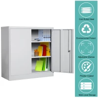 HomCom 36" Counter Height Metal Locking Storage Cabinet with 2 Adjustable Shelves - White(m-4)