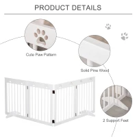 PawHut Freestanding Pet Gate 4 Panel Folding Wooden Dog Barrier w/ Support Feet, White(m-6)