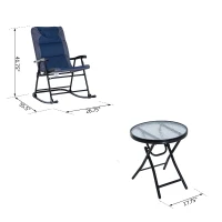 Outsunny 3 Piece Outdoor Patio Set with Glass Coffee Table & 2 Folding Padded Rocking Chairs, Navy Blue(m-3)
