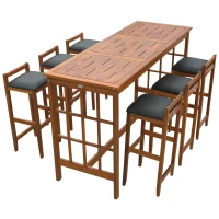 HomCom 7 Piece Acacia Wood Iconic Prairie School Style Bar Height Dining Set - Table/ 6 Stools(m-1)