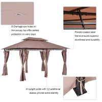 Outsunny 10" x 13" 2-Tier Steel Outdoor Garden BBQ Sunshade Gazebo with Vented Soft Top and Removable Curtains(m-6)