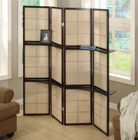 Monarch 4-Panel Checkerboard Motif Folding Privacy Screen Room Divider with 2 Display Shelves - Cappuccino Wood Frame(m-2)
