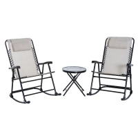 Outsunny Outdoor Sling Mesh Lounger Folding Rocking Chair Patio Table Seating Set - Cream White(m-1)