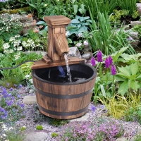 Outsunny Barrel Water Fountain Wood Garden Decor Metal Rustic Outdoor Pump with Flower Planter(m-9)