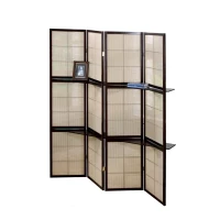 Monarch 4-Panel Checkerboard Motif Folding Privacy Screen Room Divider with 2 Display Shelves - Cappuccino Wood Frame(m-1)