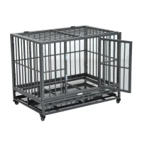 PawHut 36" Heavy Duty Chew Resistant Steel Pet Dog Crate Kennel Cage with Wheels - Grey Vein(m-1)