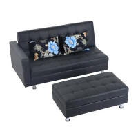HomCom Faux Leather Convertible Sofa Sleeper Bed with Storage Ottoman - Black(m-2)