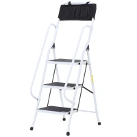 HOMCOM Folding 3 Step Stool Ladder with Safety Rails and Tool Bag Holder(m-1)
