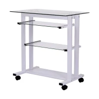 HomCom 33" Contemporary Glass Top Portable Workstation Desk Cart With Shelves - White(m-5)